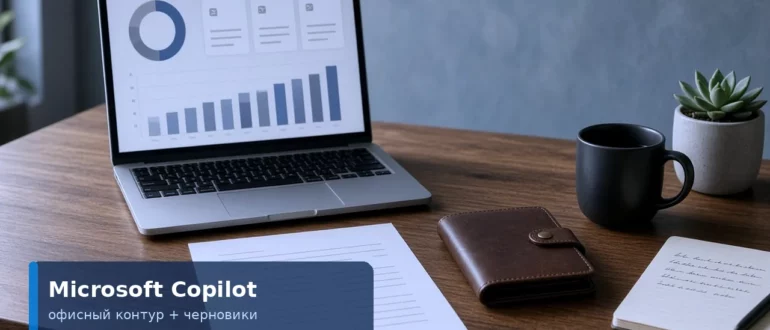 Офисный стол с ноутбуком Microsoft Copilot и карточкой черновиков