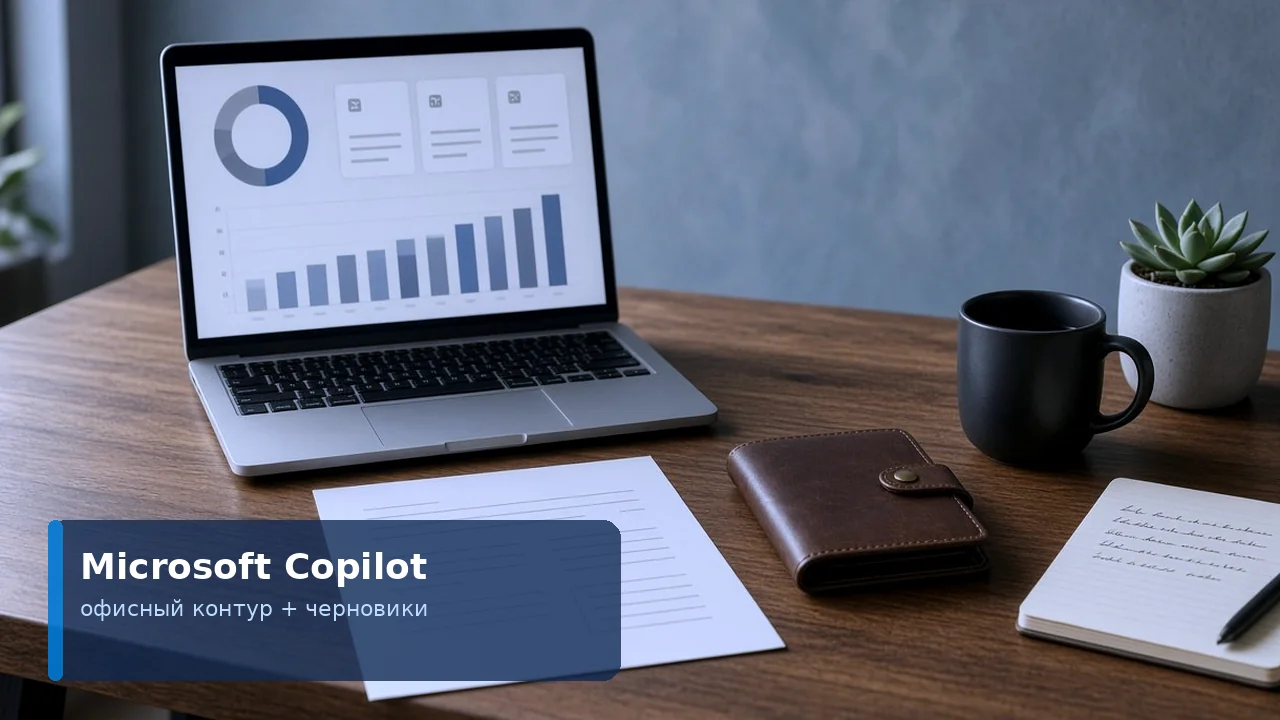 Офисный стол с ноутбуком Microsoft Copilot и карточкой черновиков
